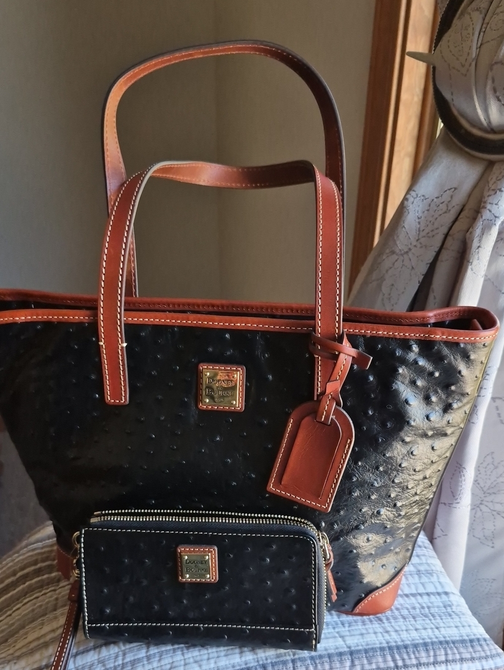 Dooney & Bourke Black Tote with Brown Trim and Tag AND Wallet